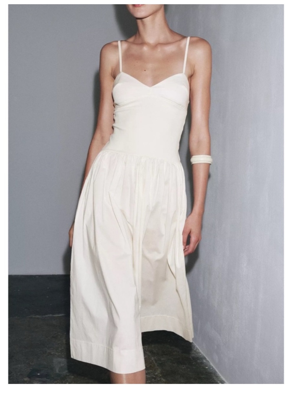 ZARA Poplin Combination Midi Dress in Ivory